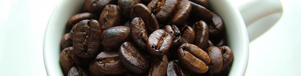 A white cup filled to the brim with dark roasted coffee beans, the masthead photograph of More Caffeine, Please